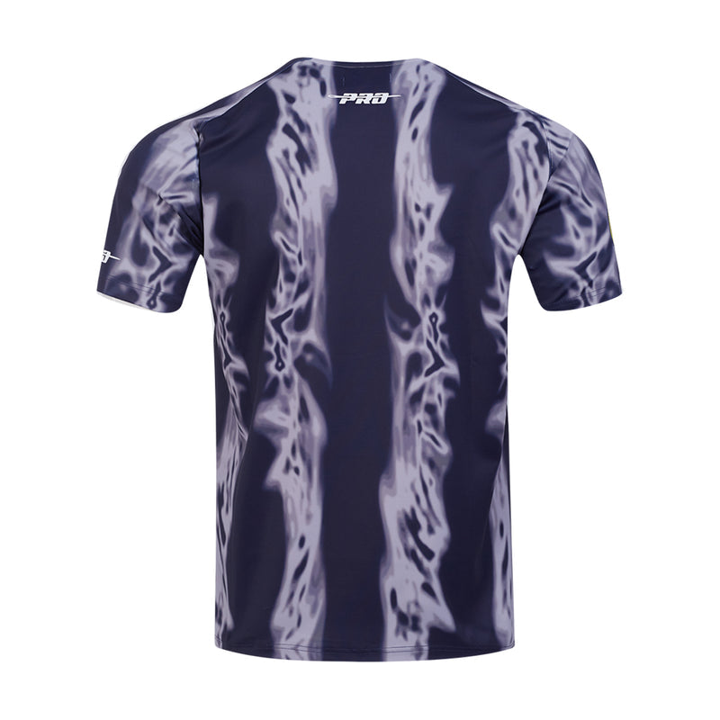 Men's navy poly tee back with flame-style pattern and small 'PRO' mark