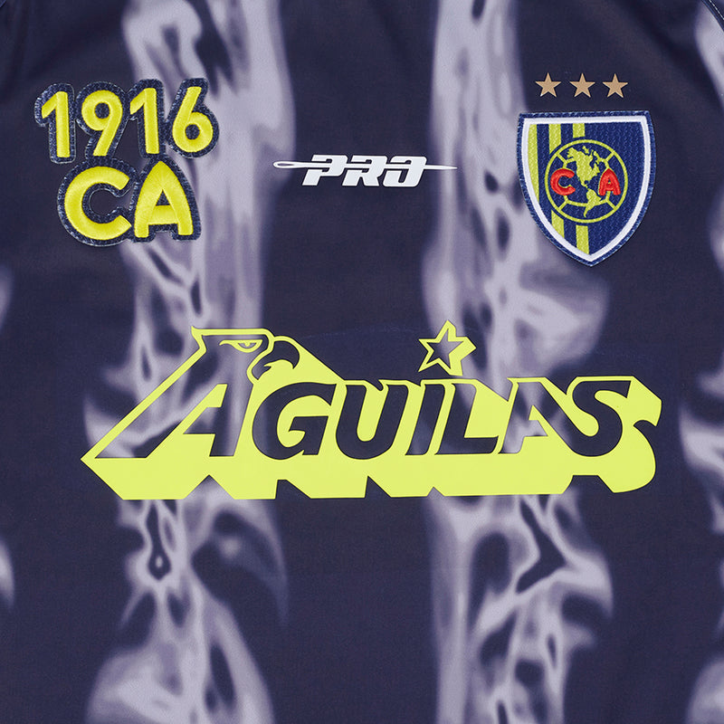 Navy poly men's tee close-up with 1916 CA, PRO, and AGUILAS text
