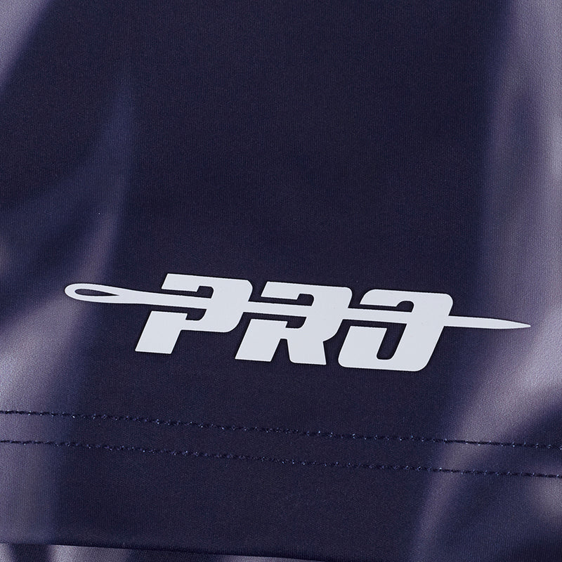 Navy poly men's tee with white 'PRO' logo across chest seam