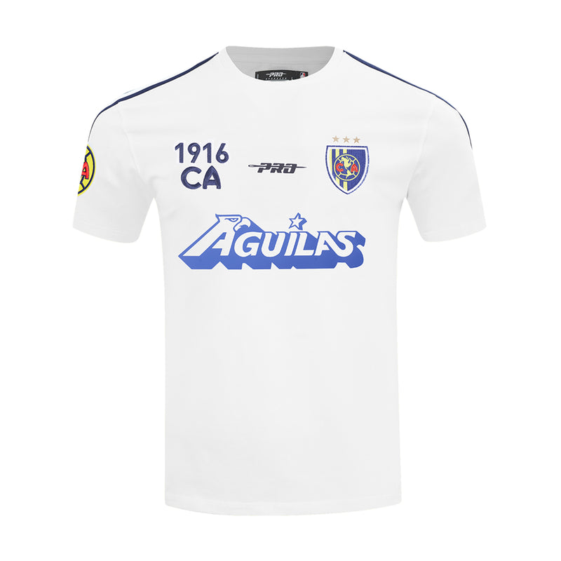 Men's white football tee with blue collar taping and front club crest print