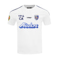 Men's white football tee with blue collar taping and front club crest print