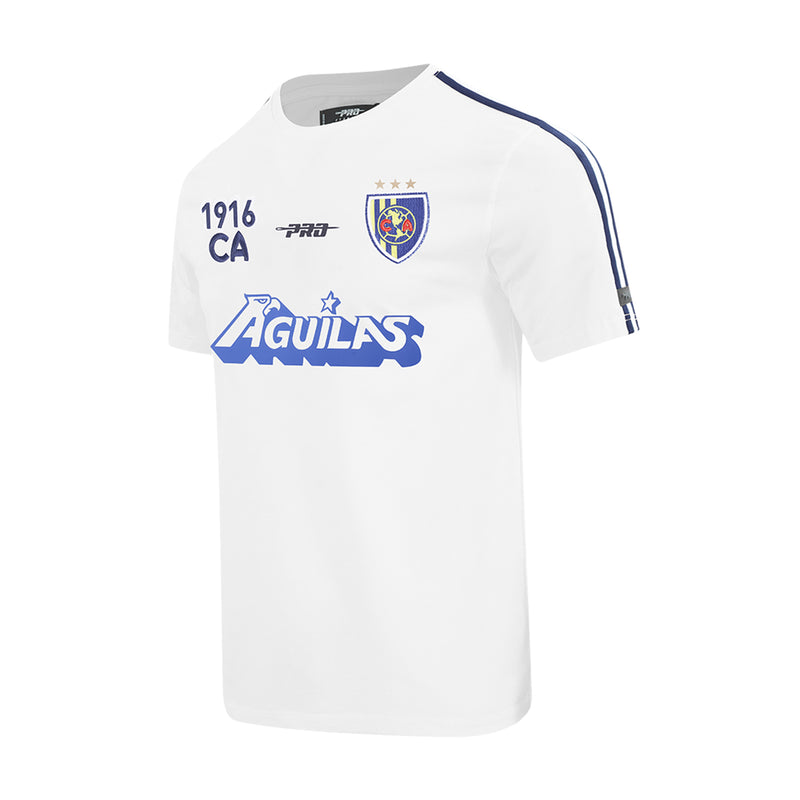 Men's white football tee with blue shoulder stripe and front club crest graphic