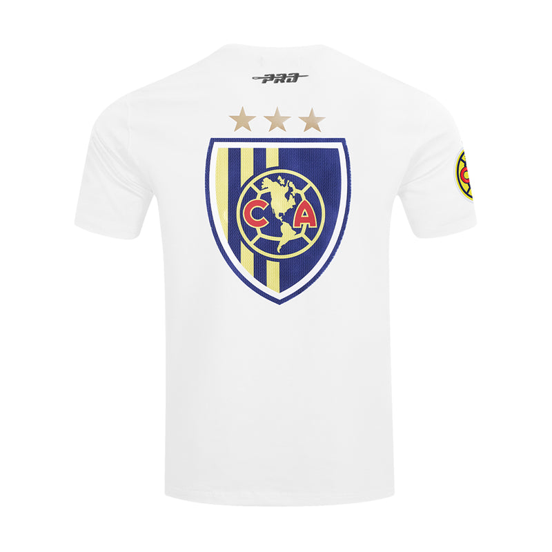 Men's white football tee with blue back shield crest and three gold stars