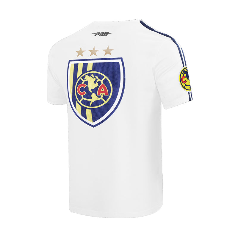 Men's white football tee back view with blue shield crest and gold stars