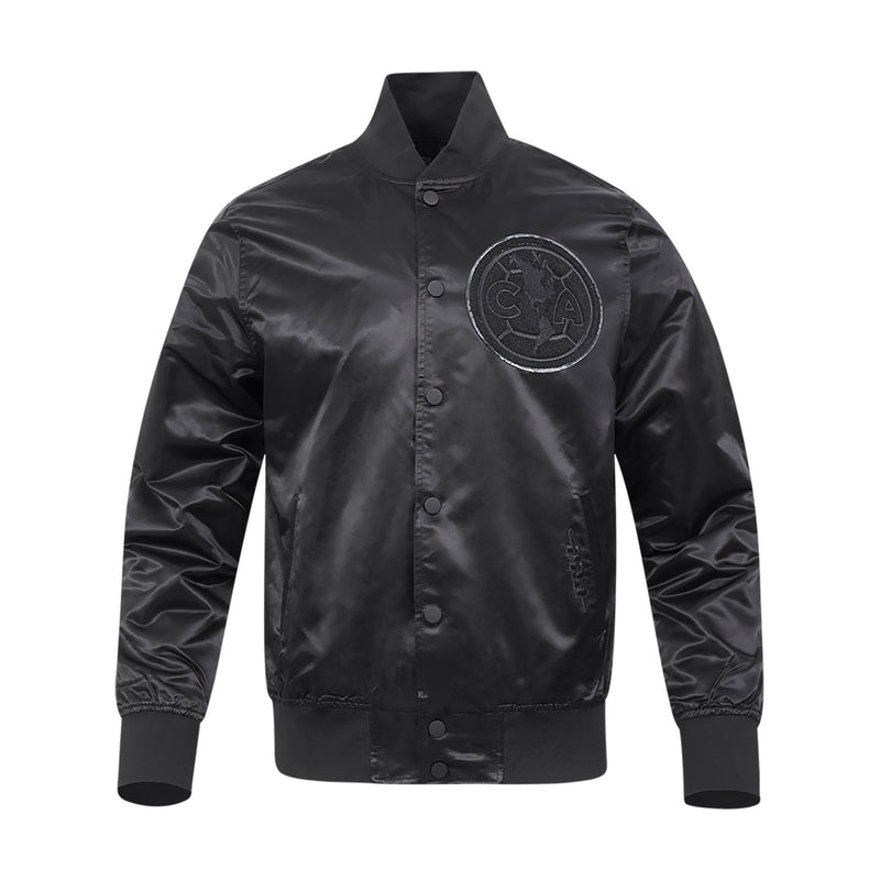 Men's black satin bomber jacket with stand collar, snap buttons, and chest crest patch.