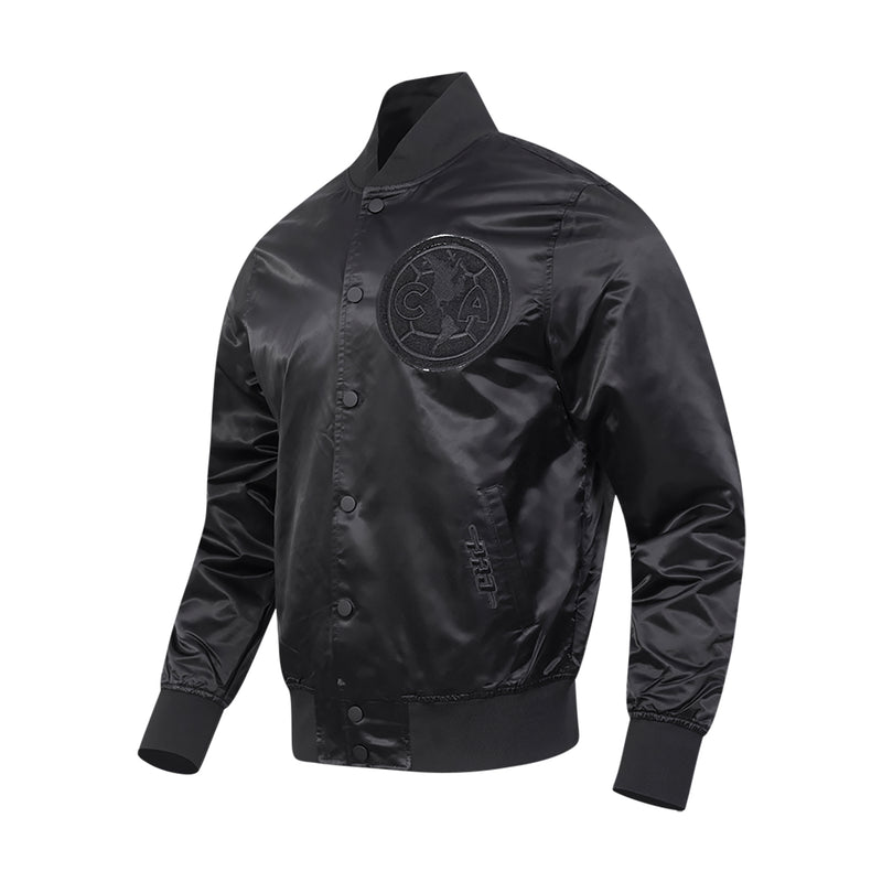 Men's black satin jacket angled front view with crest badge and ribbed cuffs.