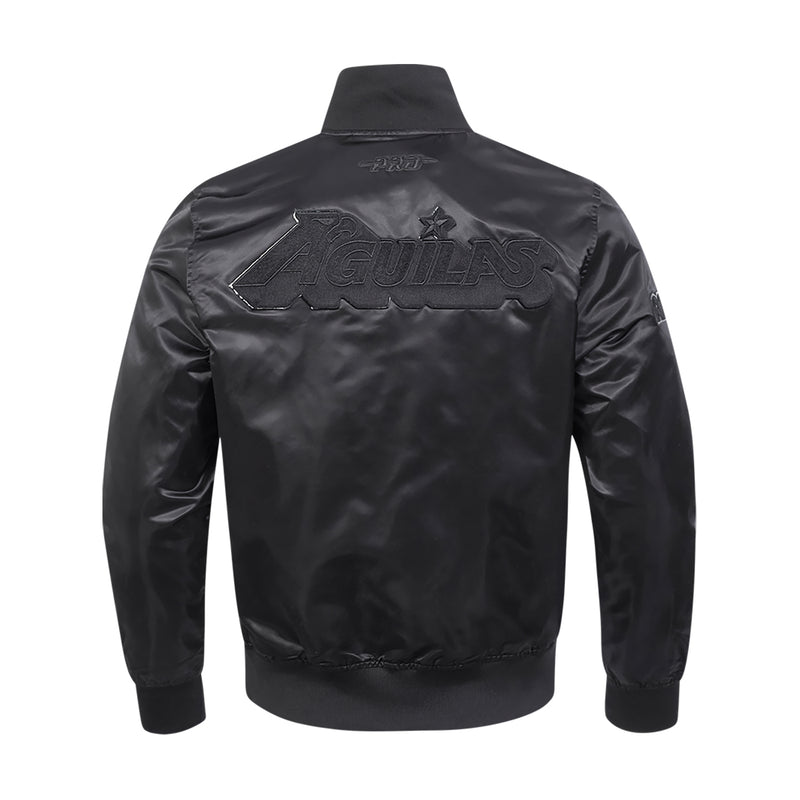 Men's black satin jacket with high collar and embossed back 'AGUILAS' logo.