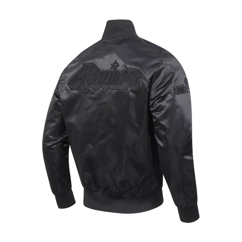 Men's black satin jacket back view with large embossed 'AGUILAS' graphic and star.
