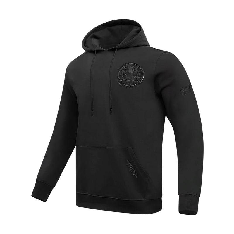 Black pullover hoodie front view with hood, drawstrings, and kangaroo pocket