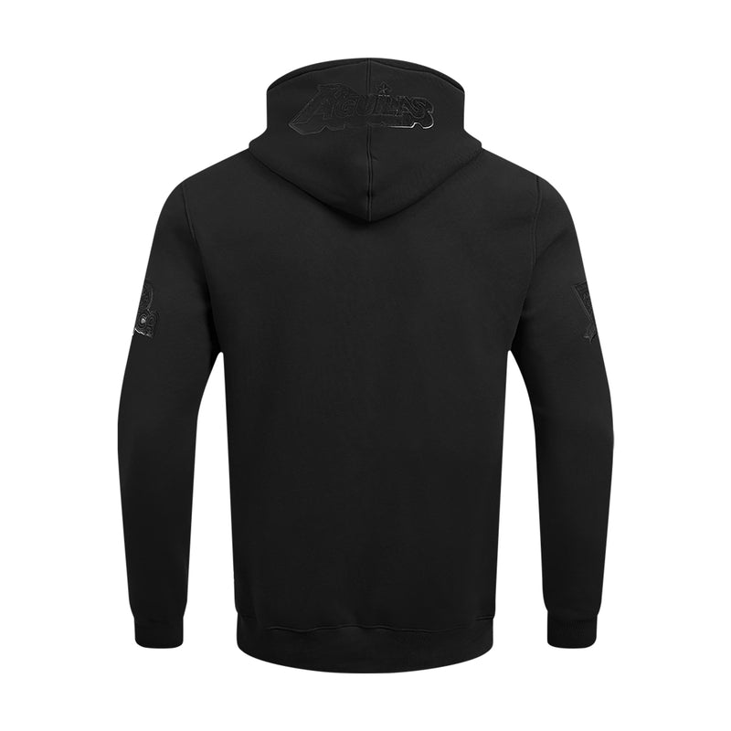 Black pullover hoodie back view with hood and embroidered crest near shoulders