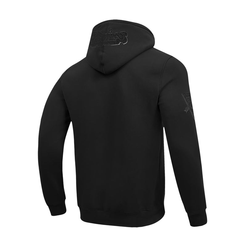 Black pullover hoodie back view with embroidered crest and logo detail on sleeve