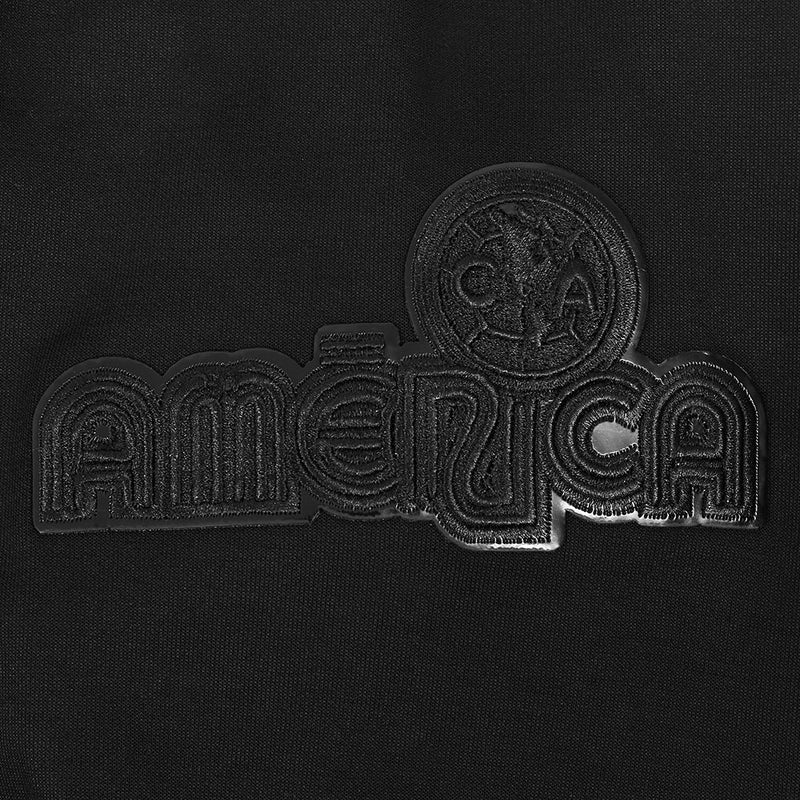 Close-up of black raised embroidered wordmark with circular emblem