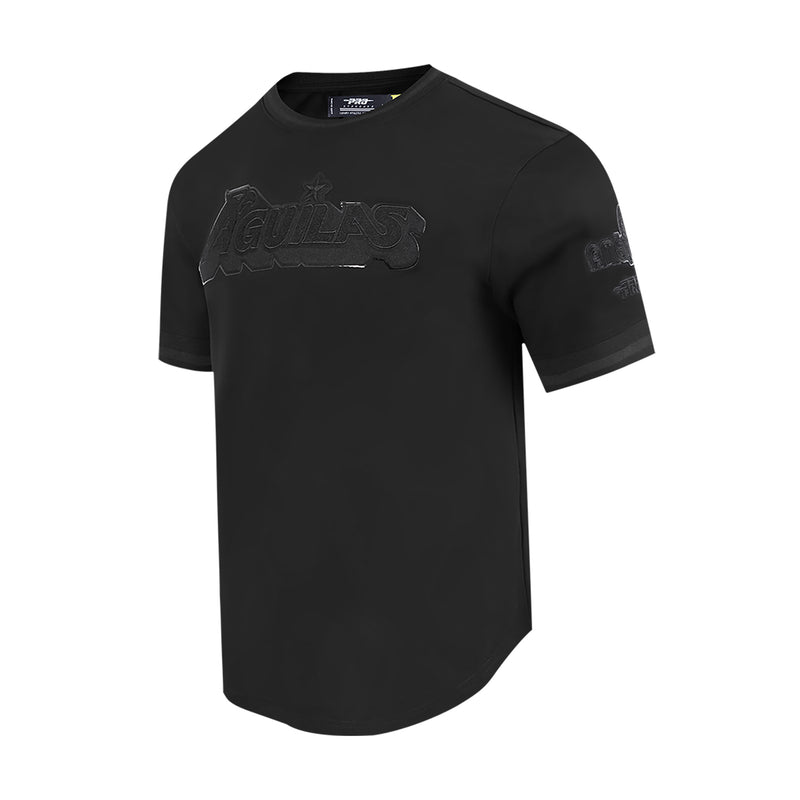 Men's triple black crew-neck T-shirt, angled view, embossed front logo