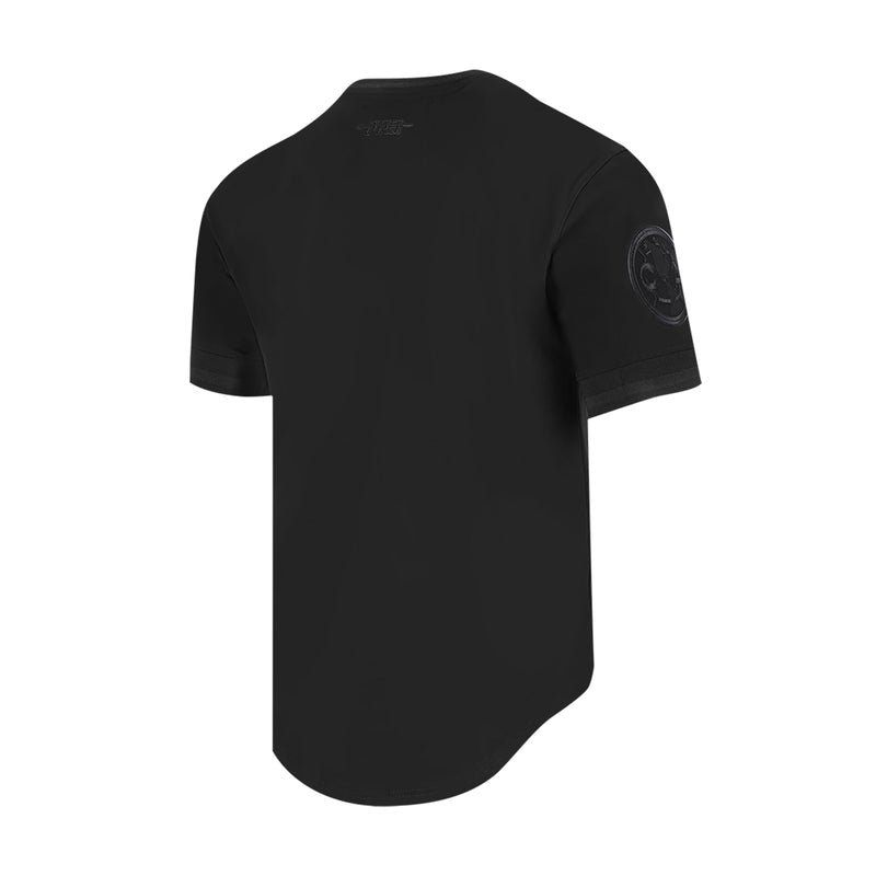 Men's triple black crew-neck T-shirt, back view with small sleeve emblem
