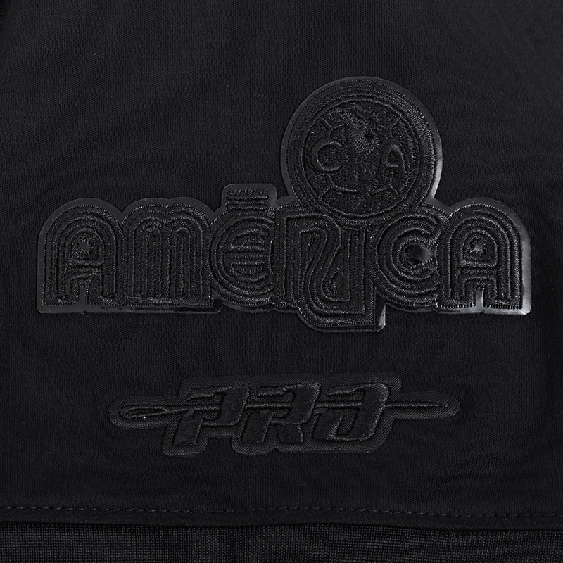 Triple black crew-neck T-shirt chest close-up of embossed crest and wordmark