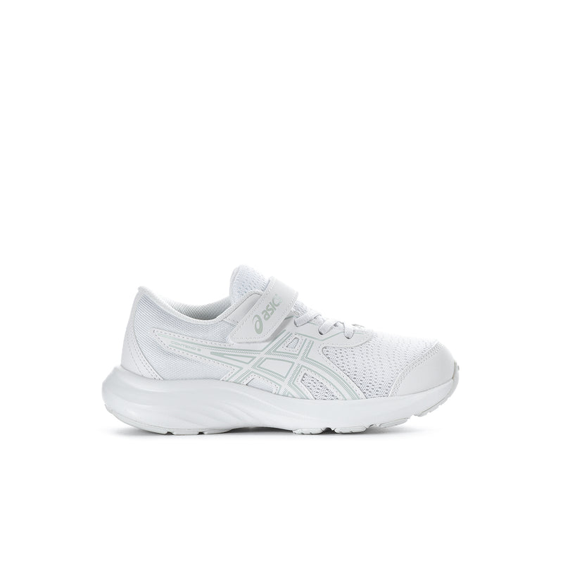 Kids' white running shoe with mesh upper, lace-up, and ASICS side stripes