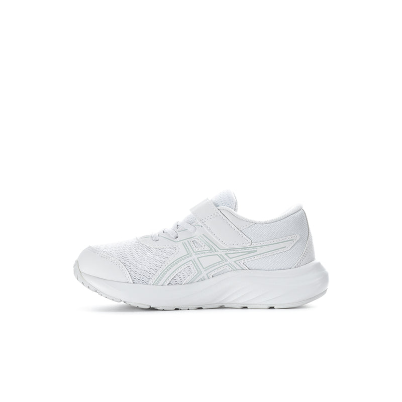 Kids' white running shoe with padded collar and ASICS side stripe