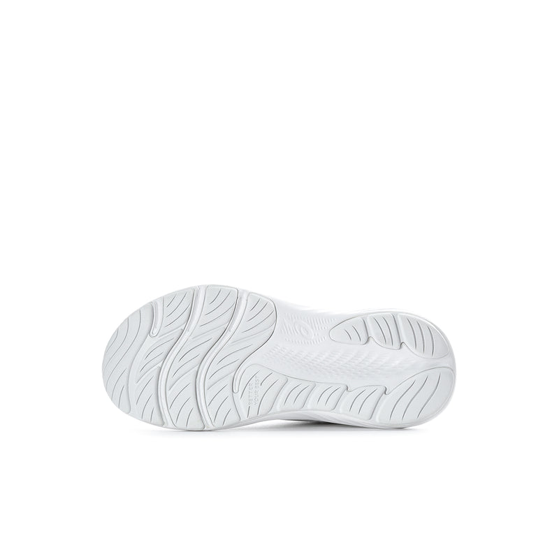 Kids' running shoe outsole in white with textured tread
