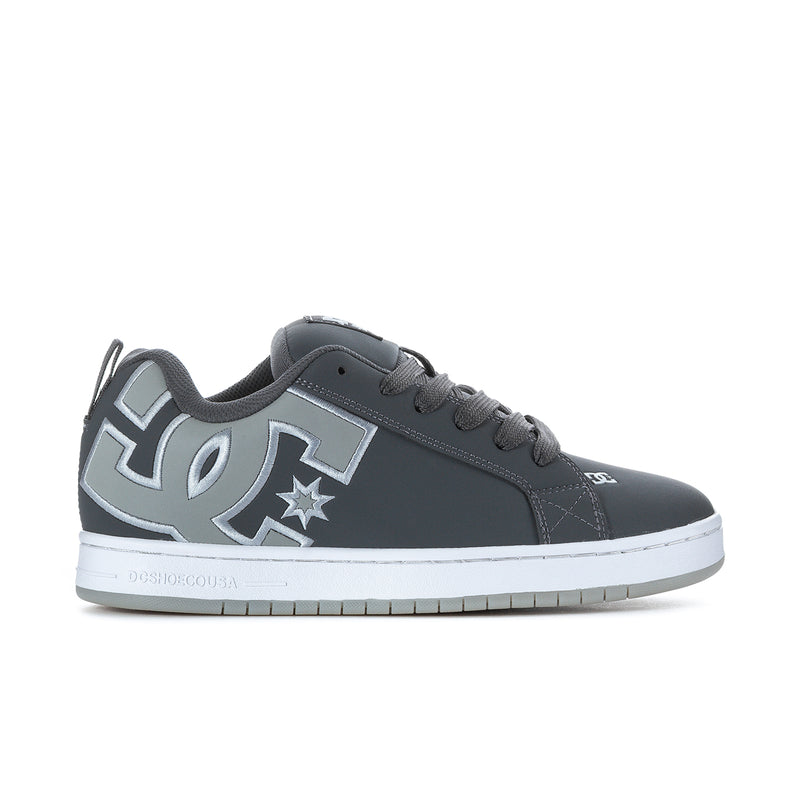 Men's charcoal DC skate sneakers with white sole and large side logo