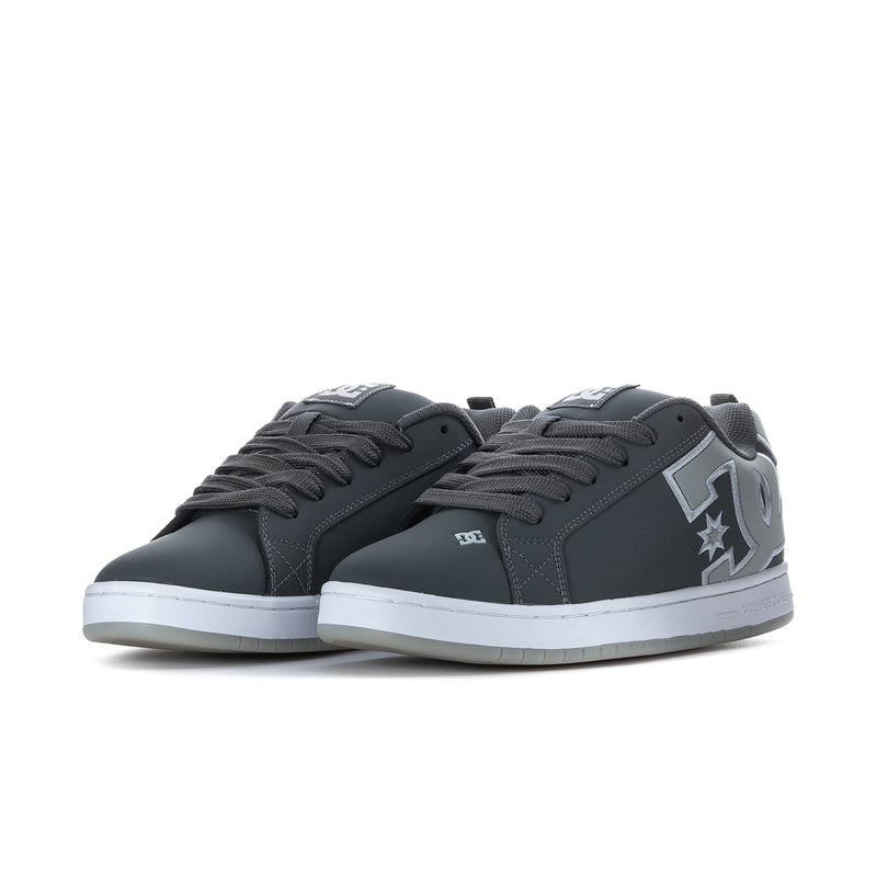 Men's charcoal DC skate sneakers, side view with star logo and lace-up