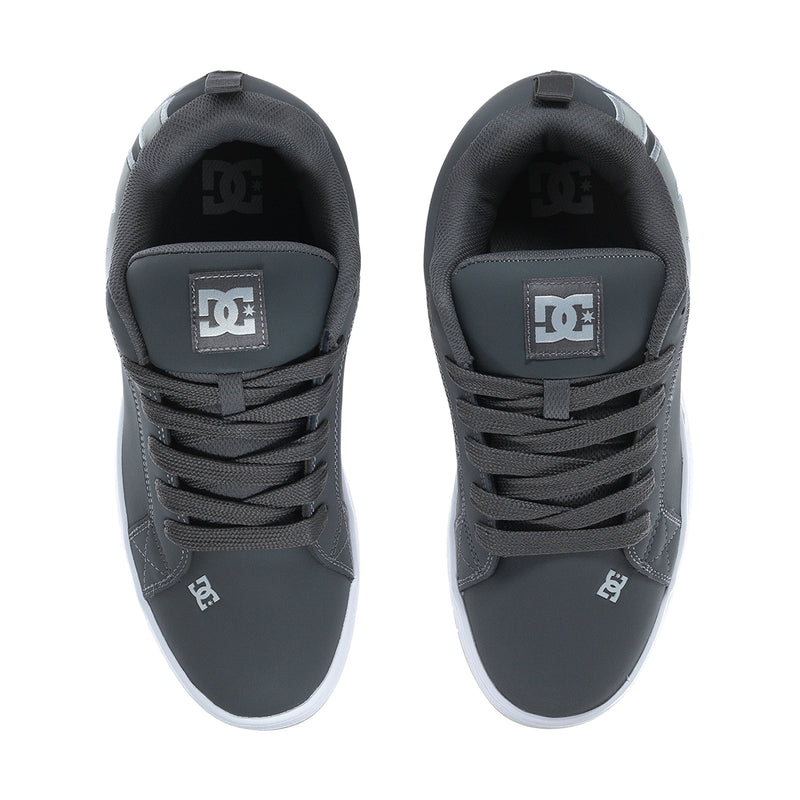 Men's charcoal DC skate sneakers with padded tongue and DC logo at heel