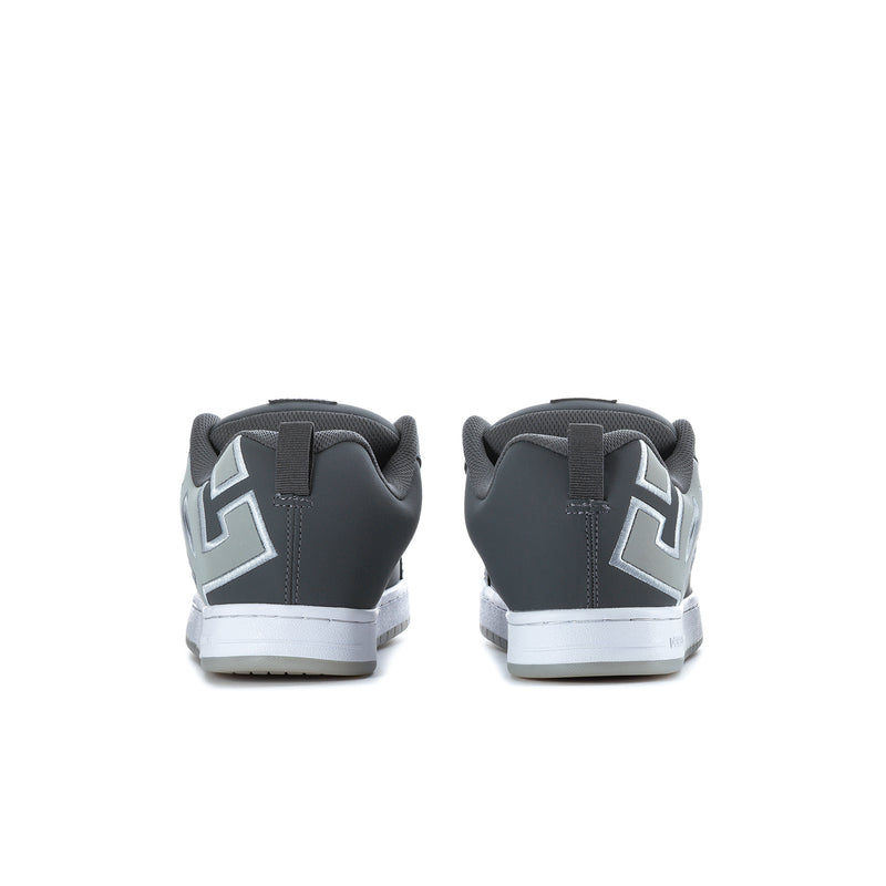 Men's charcoal DC skate sneakers, heel view with DC logo and white outsole