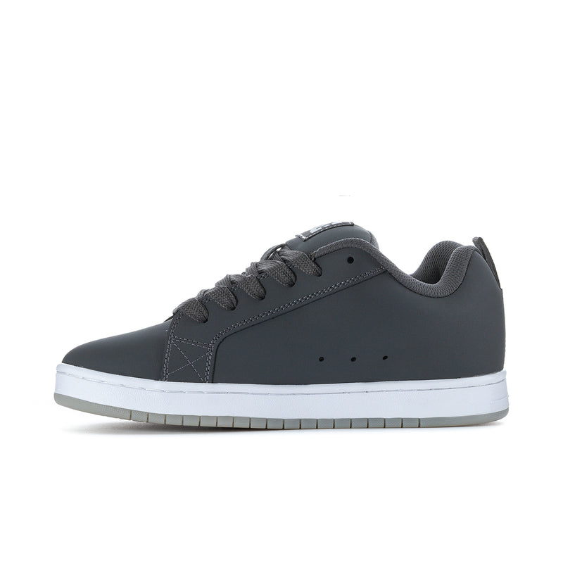 Men's charcoal DC skate sneakers, front quarter view with DC branding and laces