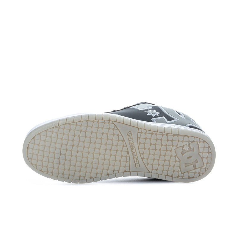 Men's charcoal DC skate sneakers, outsole view with DC star and traction tread