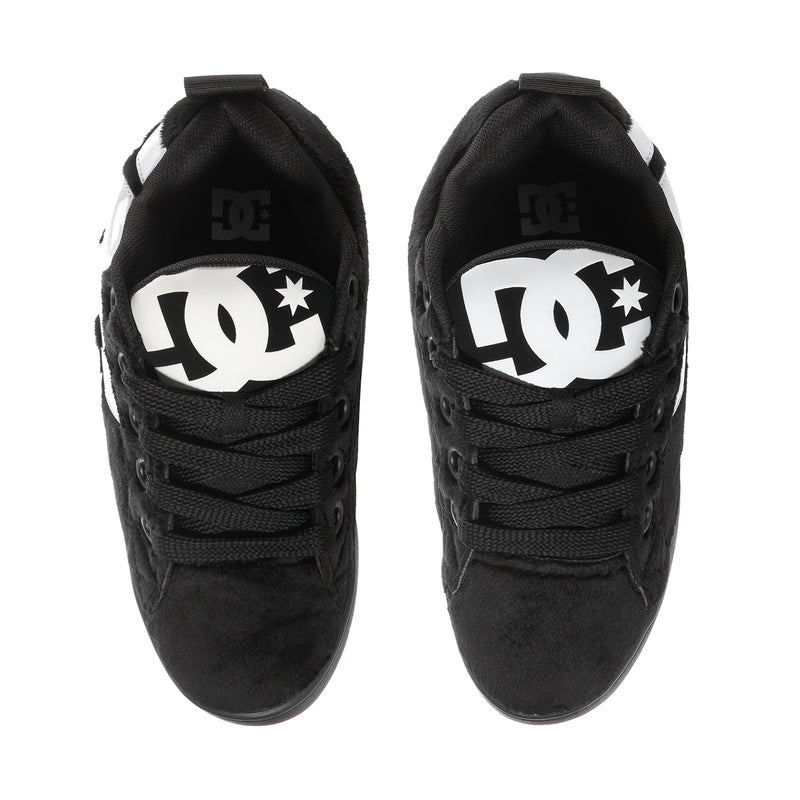 Men's DC low-top skate shoes with white logo on tongue, black fabric upper and laces