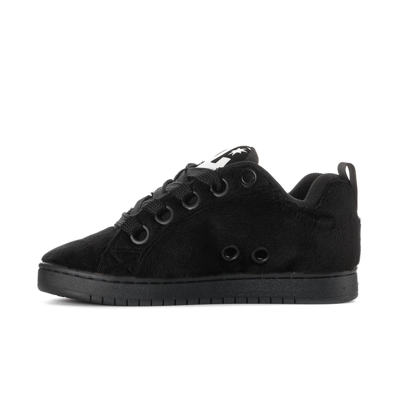 Men's DC low-top skate shoes, black upper with lace eyelets and small white star mark