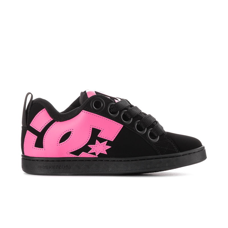 Black women's low-top sneakers with bubblegum pink graphics and star emblem
