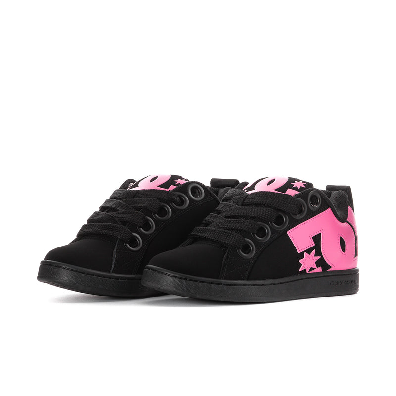 Black women's low-top sneakers with pink side graphics and star pattern