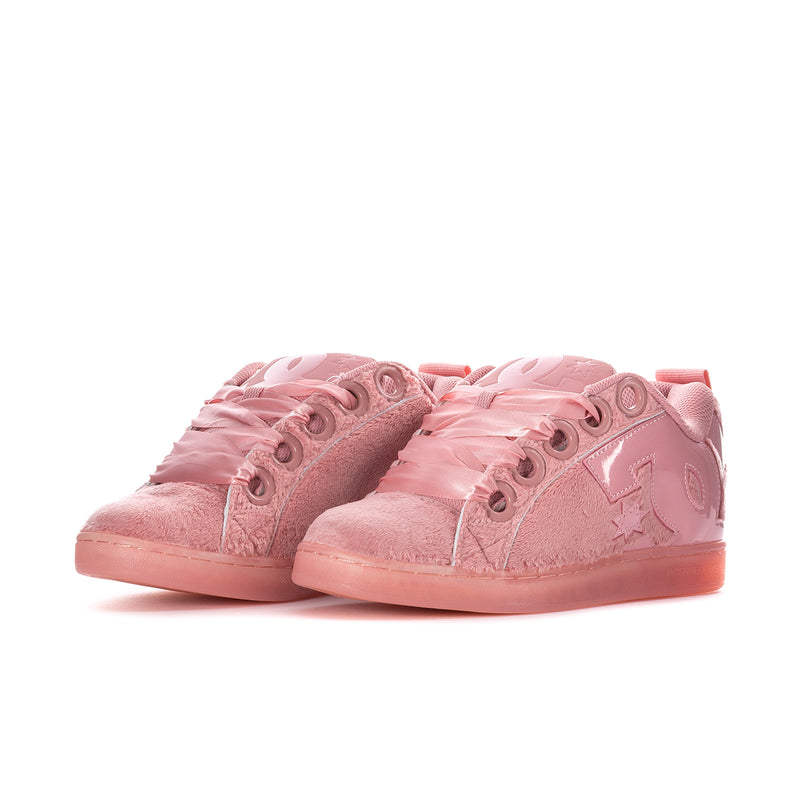 Pair of pink low-top sneakers showing side panels and lace-up eyelets.