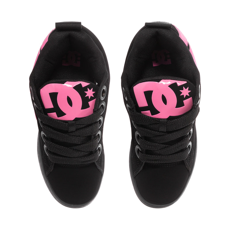 Black women's low-top sneakers with bubblegum pink heel logo and lace-up front