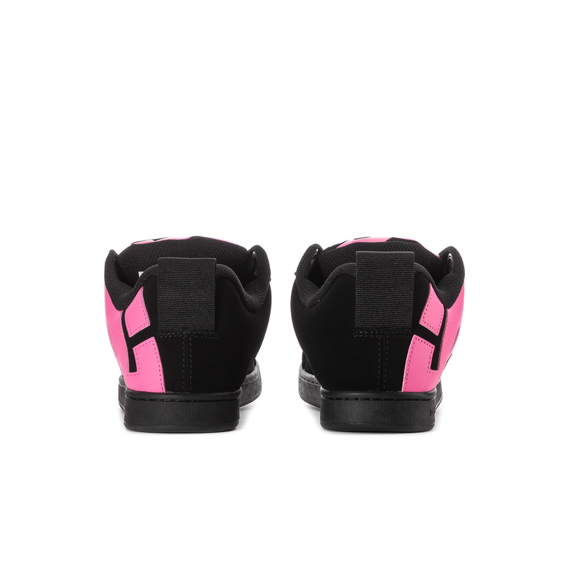 Black women's low-top sneakers with pink heel and side panel accents