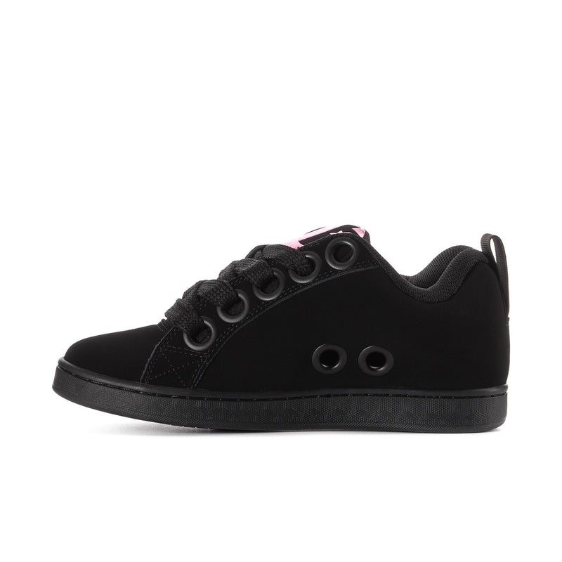 Black women's low-top sneakers with pink tongue and eyelet graphic