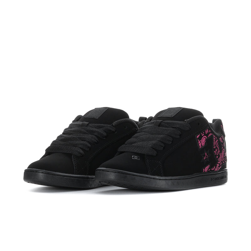 Black low-top lace-up sneakers with pink paisley heel detail