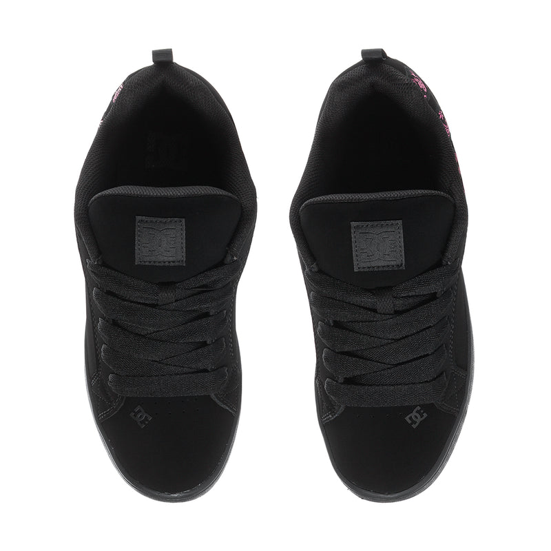 Black low-top lace-up sneakers with padded tongue and collar, back view