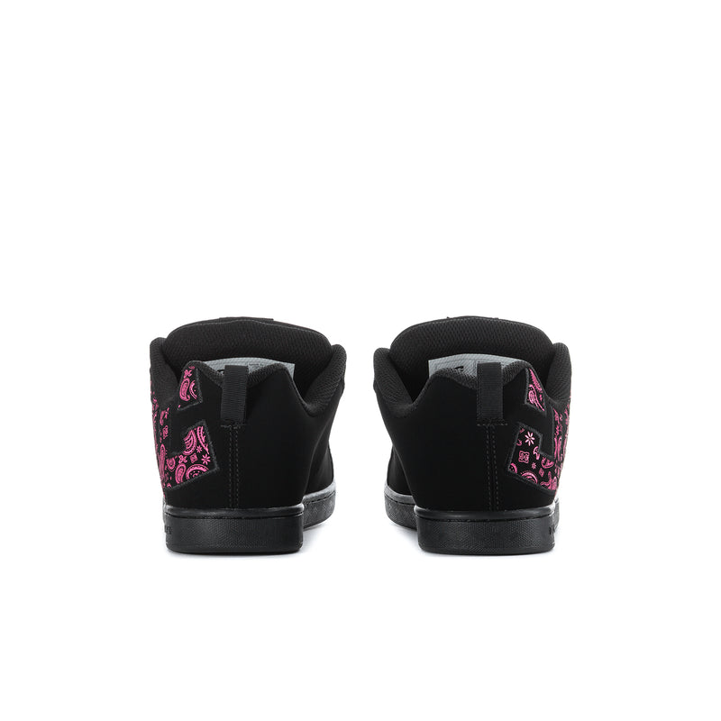 Black low-top lace-up sneakers with pink paisley heel panel and rear tab