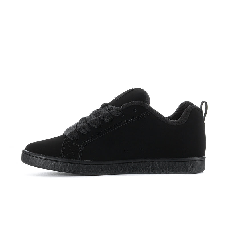 Black low-top lace-up sneakers with rubber cupsole and padded collar