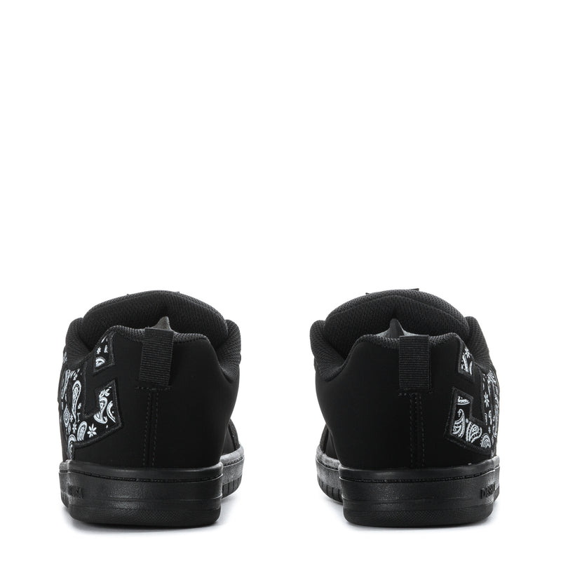 Youth black lace-up low-top sneakers with paisley accents at heel collar