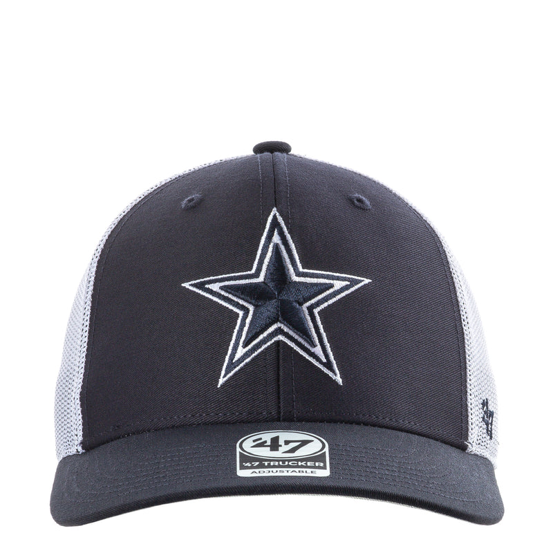 Navy trucker hat with white star logo, 47 patch, white mesh back, curved brim