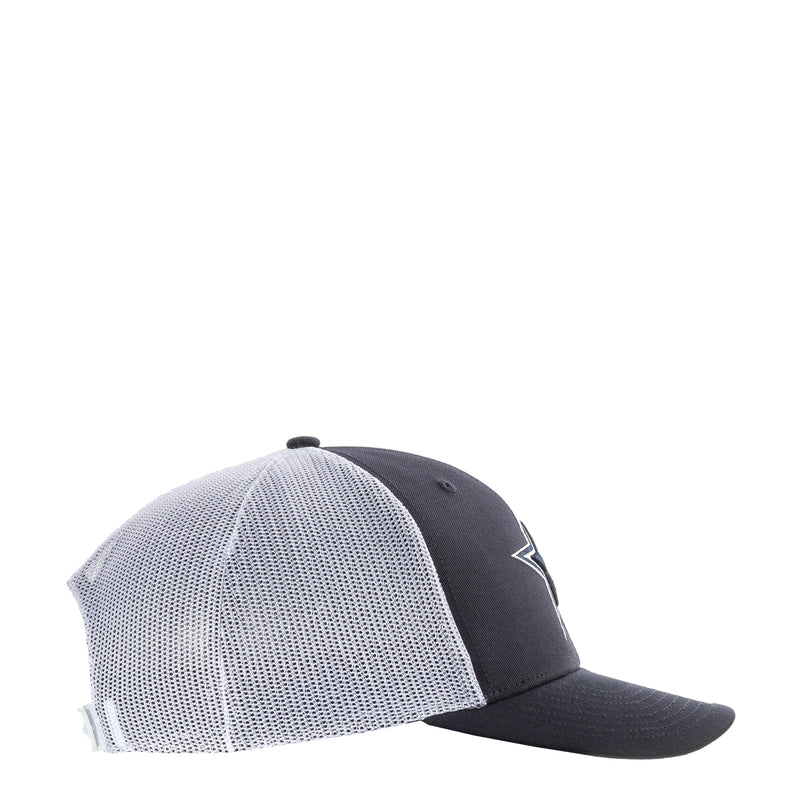 Navy and white trucker hat, side view with white mesh and curved dark brim