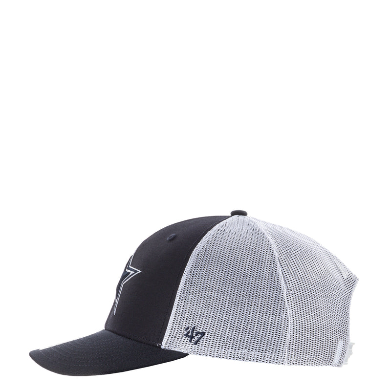 Two-tone trucker hat with navy front panel, white mesh panel, small side logo, brim