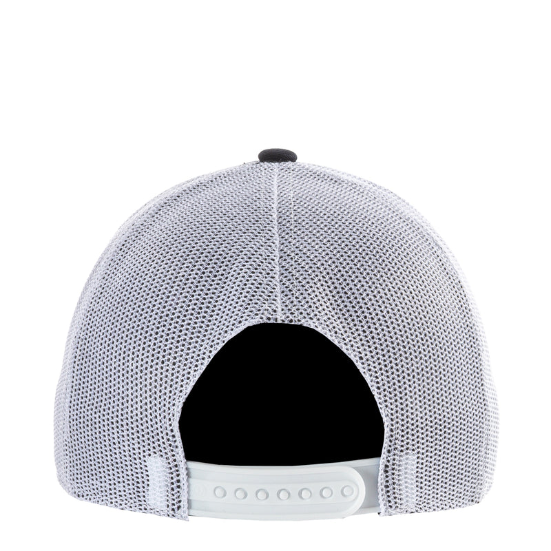 White mesh trucker hat back with dark interior and snapback adjuster, curved brim
