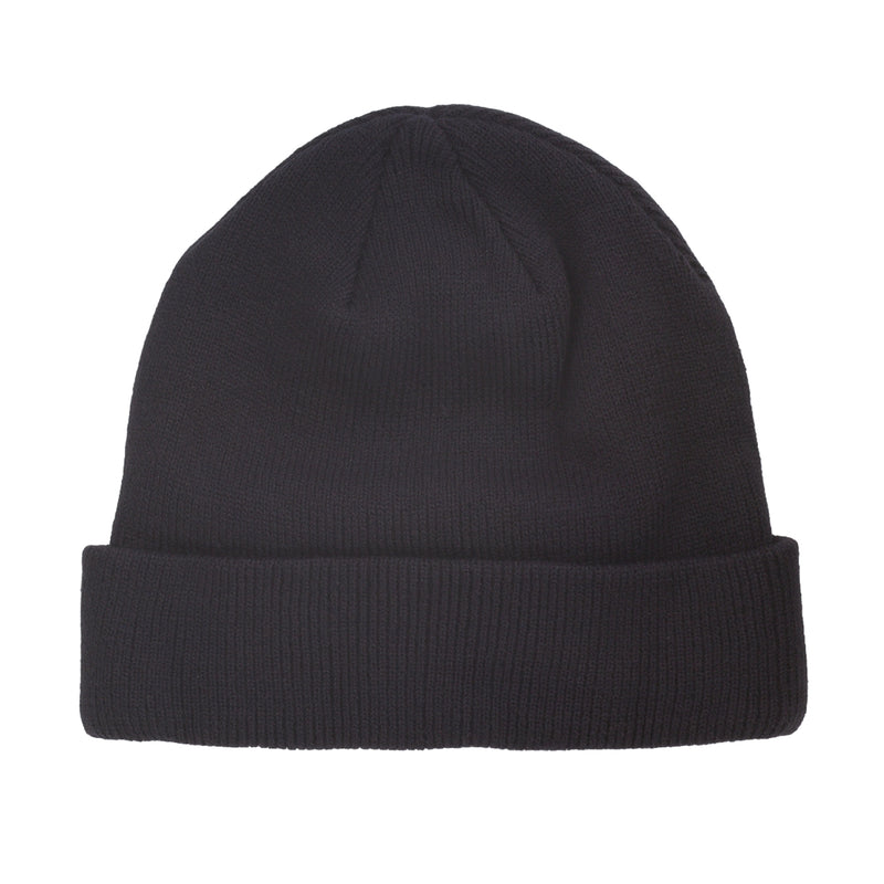 Navy knit beanie with ribbed cuff, no visible front logo