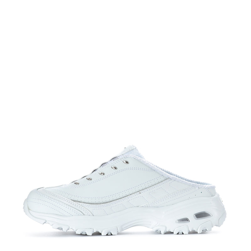 White sneaker mule with side stitch details and rugged outsole tread