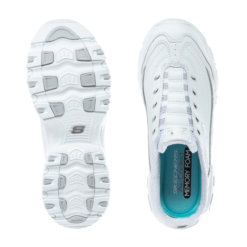 White sneaker mule showing outsole tread and Memory Foam insole