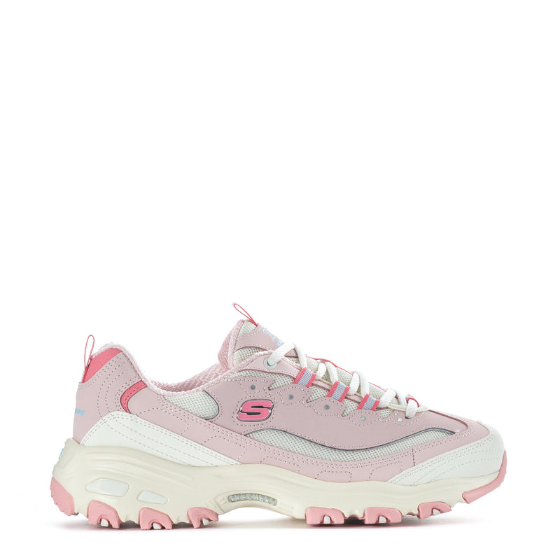 Women’s light pink lace-up sneakers with off-white accents and chunky tread sole