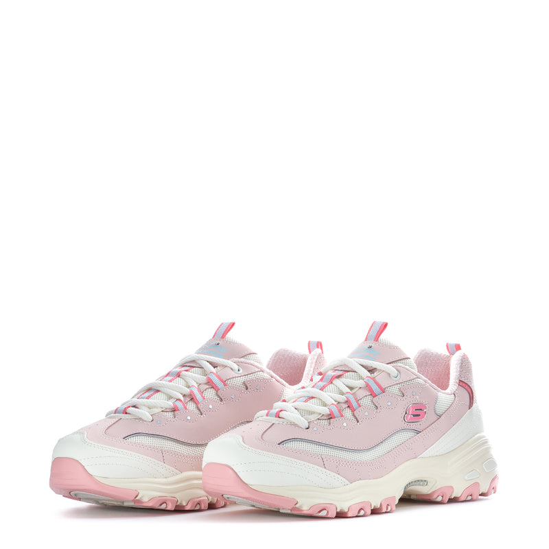 Pair of women’s light pink lace-up sneakers with off-white uppers and pink outsole
